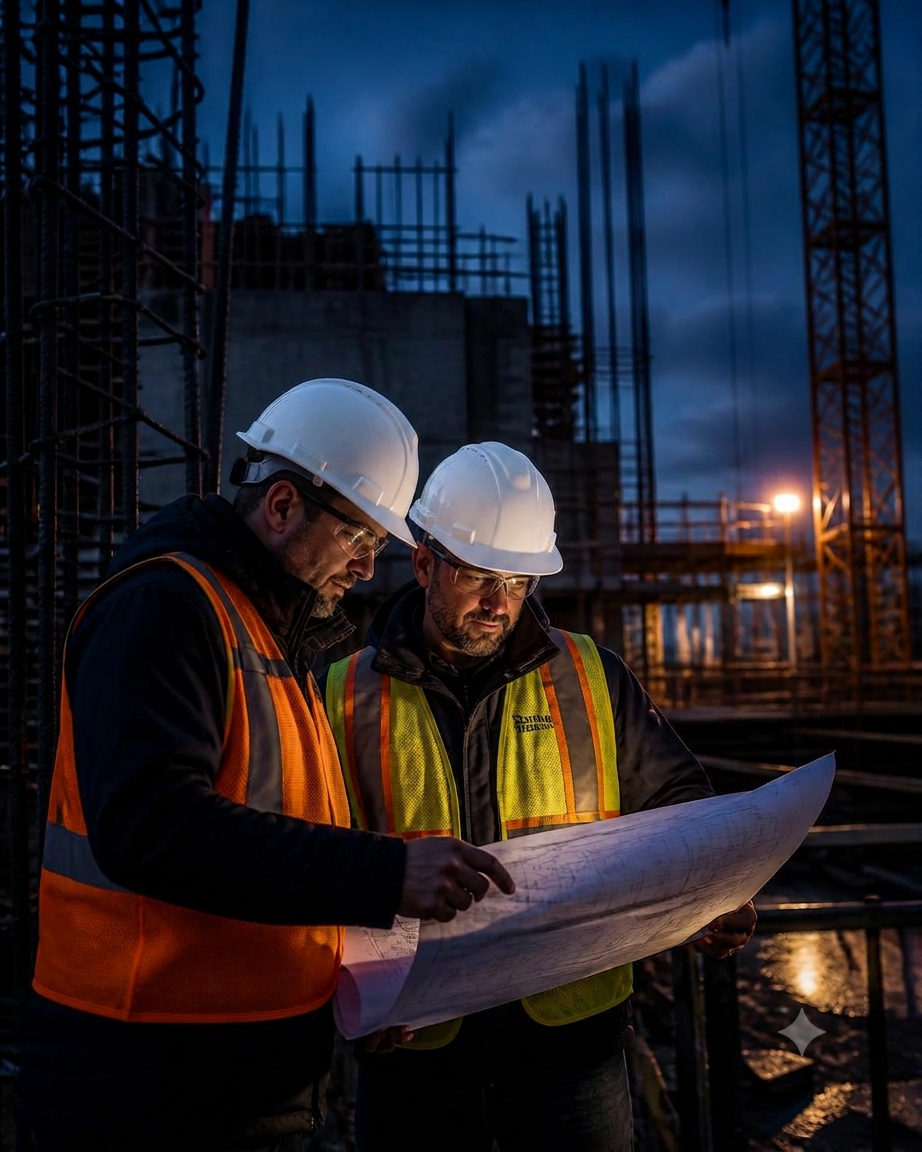 Engenheiros da Hantera analisando projeto em canteiro de obras